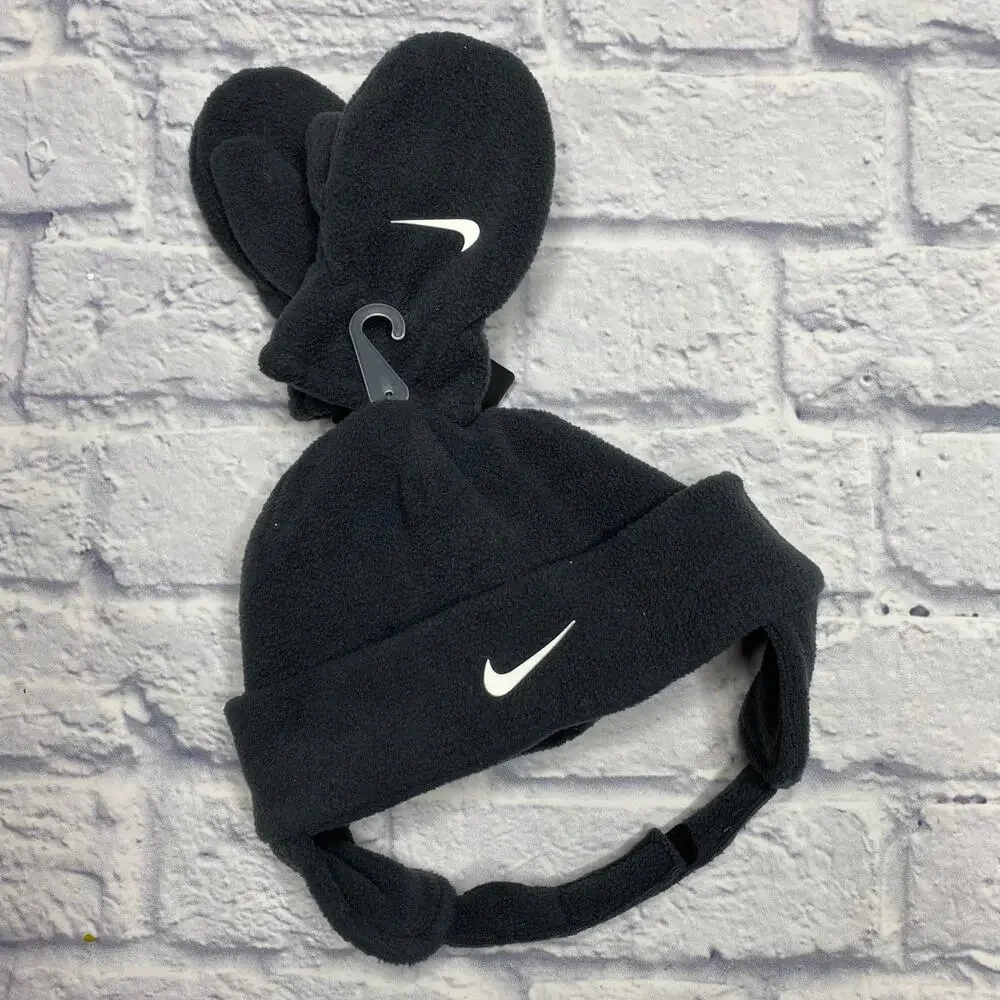 Nike Fleece Trapper Hat with Matching Mittens in Charcoal Grey